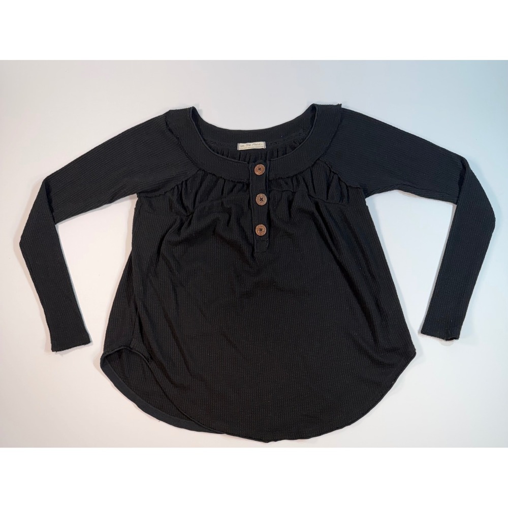 We The Free Free People Black Waffle Knit Thermal Henley Top XS Wood Buttons
